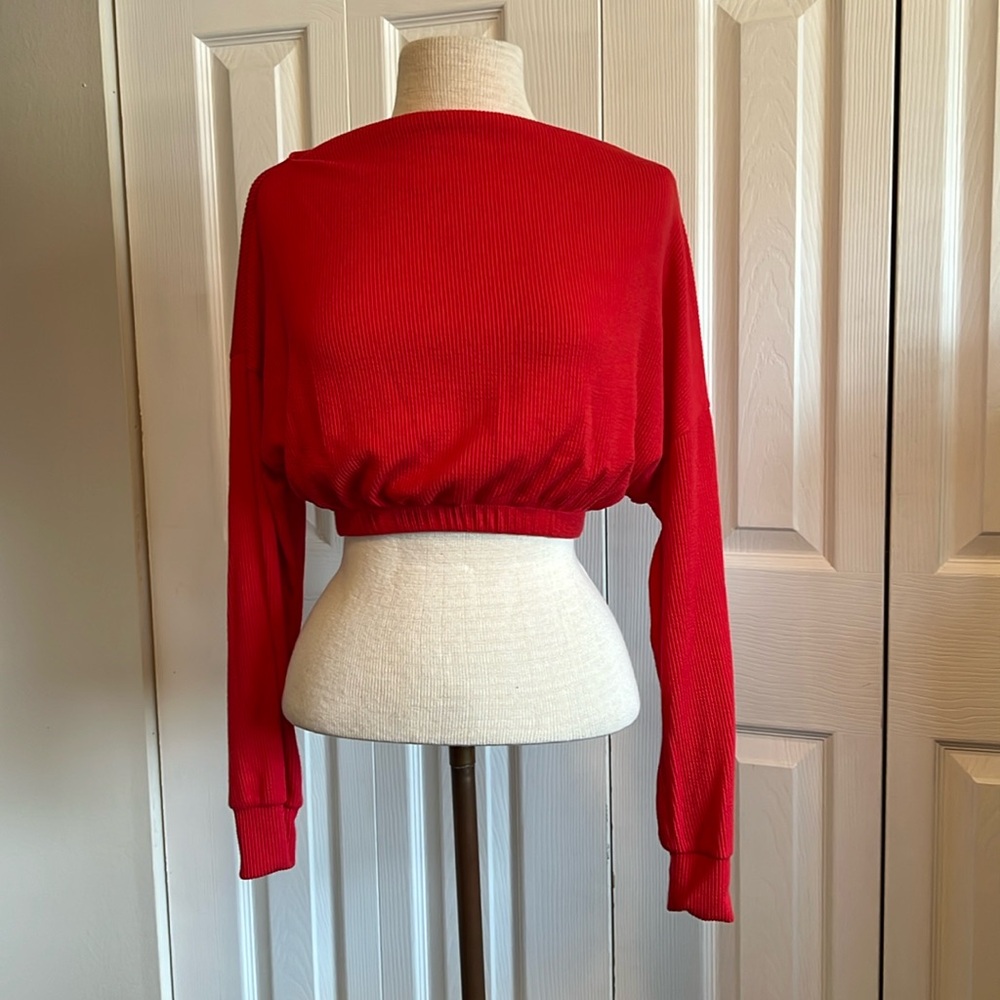 Red Better Be Boatneck Ribbed Pullover Crop Top Size Small